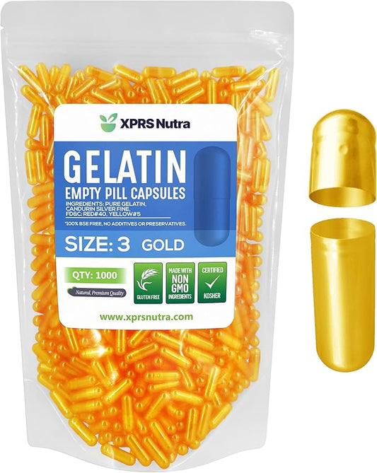 XPRS Nutra Size 3 Empty Capsules - 1000 Count Empty Gelatin Capsules - Empty Pill Capsules - DIY Capsule Filling - Pure Bovine Pill Capsules Empty Gel Caps (Gold)