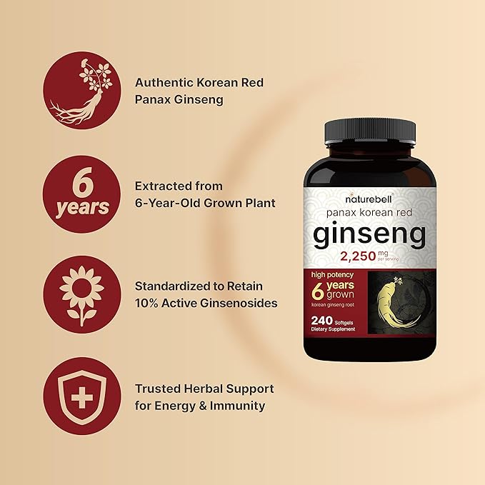 Korean Red Ginseng 2,250mg Per Serving, 240* Softgels 10% Ginsenosides,