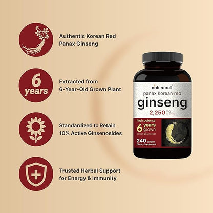 Korean Red Ginseng 2,250mg Per Serving, 240* Softgels 10% Ginsenosides,