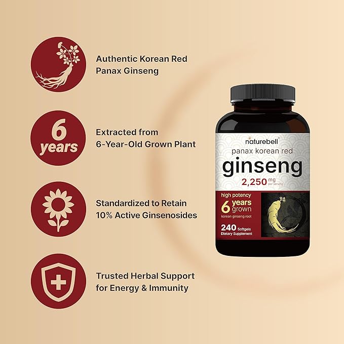 Korean Red Ginseng 2,250mg Per Serving, 240* Softgels 10% Ginsenosides,