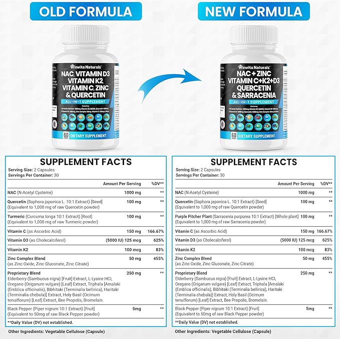NAC Supplement N-Acetyl Cysteine 1000mg Vitamin D3 K2, K2, Zinc, 1000mg Quercetin 1000mg with