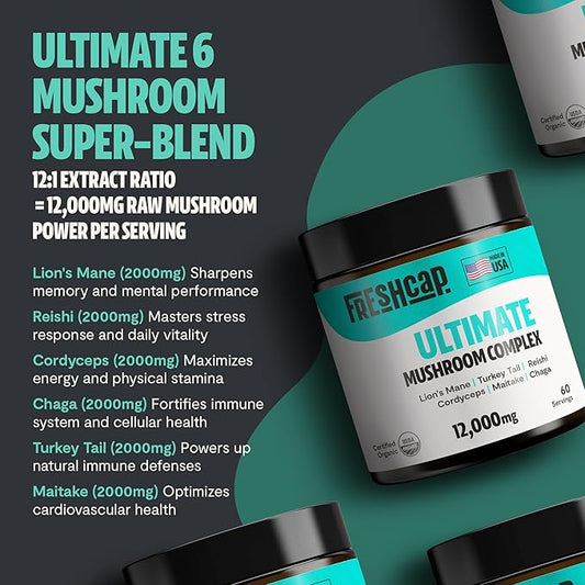 FreshCap Ultimate Mushroom Supplement Powder 12,000mg - Organic Mushroom Blend, Mushroom Complex for Focus & Memory, Nootropics Brain Support Supplement, Ayurveda Mushroom Powder Extract (60 Servings)