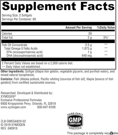XYMOGEN OmegaPure 820 Omega-3 Supplement (120 Small