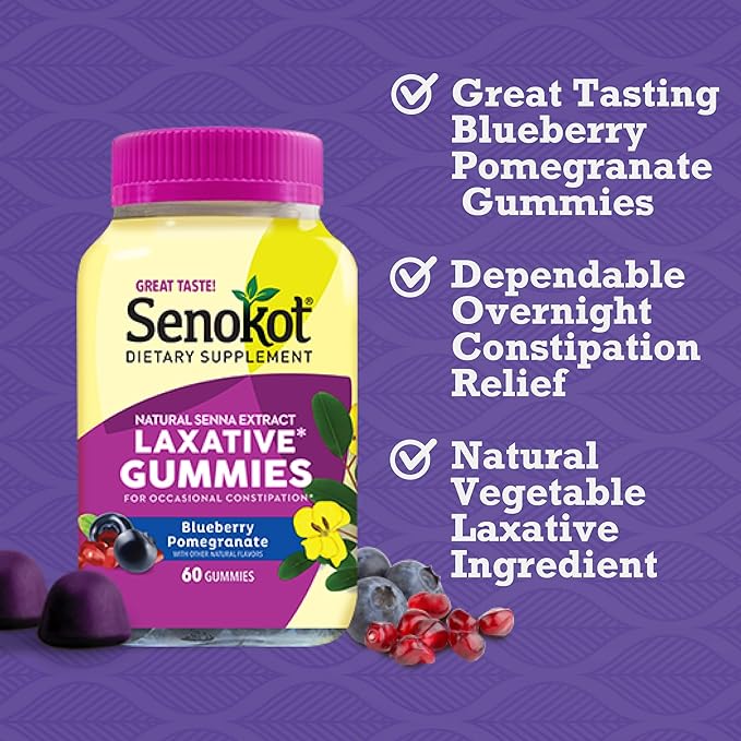 Senokot Dietary Supplement Laxative Gummies, Natural Senna Extract, Gentle, Overnight Relief From Occasional Constipation, Blueberry Pomegranate Flavor, 60 Count