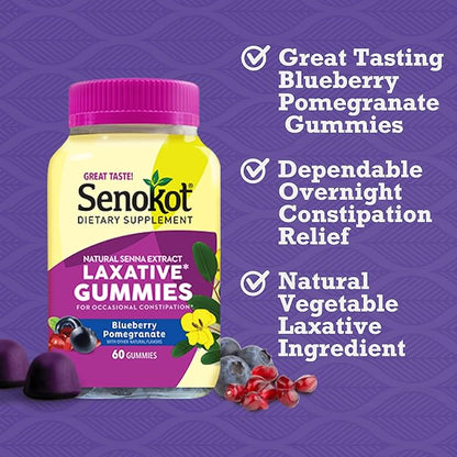 Senokot Dietary Supplement Laxative Gummies, Natural Senna Extract, Gentle, Overnight Relief From Occasional Constipation, Blueberry Pomegranate Flavor, 60 Count
