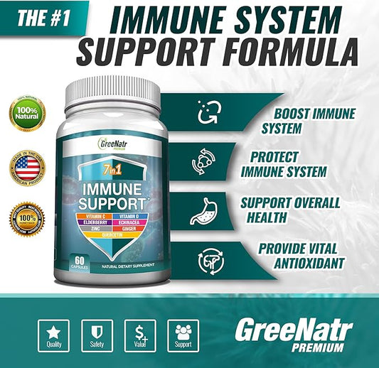 7 in 1 Immune Support Supplement with Vitamin C, Vitamin D3, Zinc 50mg, Quercetin, Echinacea Purpurea, Sambucus Elderberry and Ginger for Complete Immune Defense - 60 Capsules (6 Bottles)