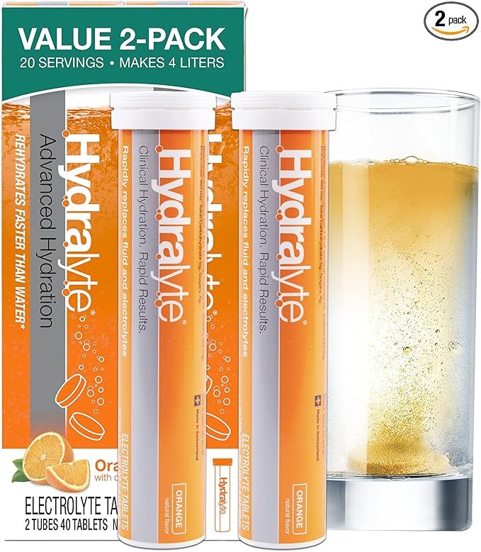 Hydralyte Electrolyte Tablets | 40 Orange Electrolytes | Airplane Travel Essential for Rapid Rehydration | Hydration Tablets - Instant Dissolve Electrolytes (20 Servings, 2 Tablets Per Serve)