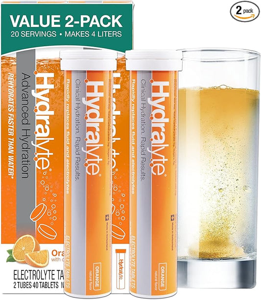 Hydralyte Electrolyte Tablets | 40 Orange Electrolytes | Airplane Travel Essential for Rapid Rehydration | Hydration Tablets - Instant Dissolve Electrolytes (20 Servings, 2 Tablets Per Serve)
