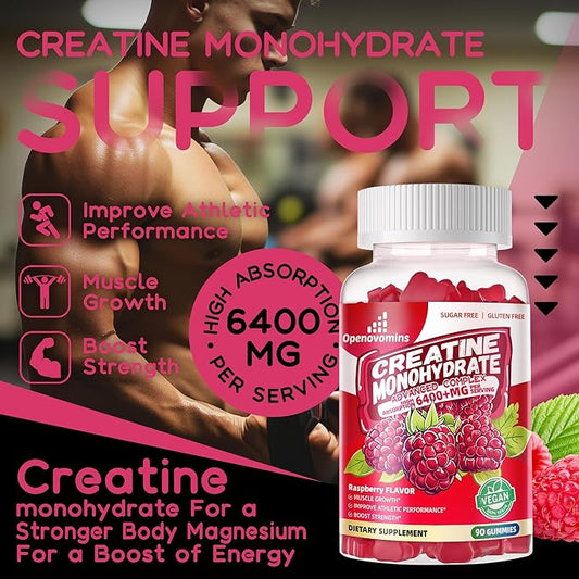 Creatine Monohydrate Gummies Complex 6400mg for Men & Women -Advanced Formula W/L-Taurine + Vitamin B12, Sugar Free Chewable Supplement,180 Raspberry Gummies 2pack