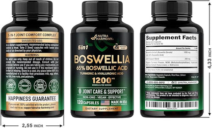 Boswellia 1200mg - Boswellia Extract | Turmeric | Hyaluronic Acid | MSM | Same - Joint Health & Comfort - Boswellia Serrata | 65% Boswellic Acid - for Men & Women - Made in USA - 120 Capsules