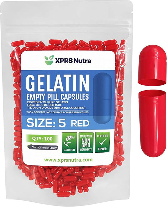 XPRS Nutra Size 5 Empty Capsules - 100 Count Very Small Empty Gelatin Capsules - Empty Pill Capsules - DIY Capsule Filling - Fillable Pill Capsules Empty Gel Caps (Red)