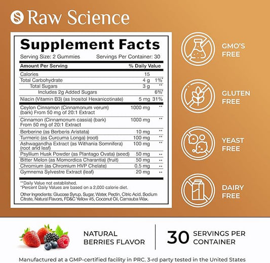Cinnamon Gummies - Blood Support - Ceylon Cinnamon & Cinnamon Bark 2000MG Blend Supplements, Berberine, Turmeric, Gymnema Sylvestre, Bitter Melon, Psyllium Husk, Chromium - 60 Gummies
