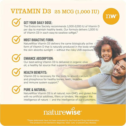 NatureWise Vitamin D3 1000iu (25 mcg) 200-Day Supply for Immune Support, Healthy Muscle Function, and Bone Health - Non-GMO, Gluten Free in Organic Extra Virgin Olive Oil, (Mini Softgel), 200 Count