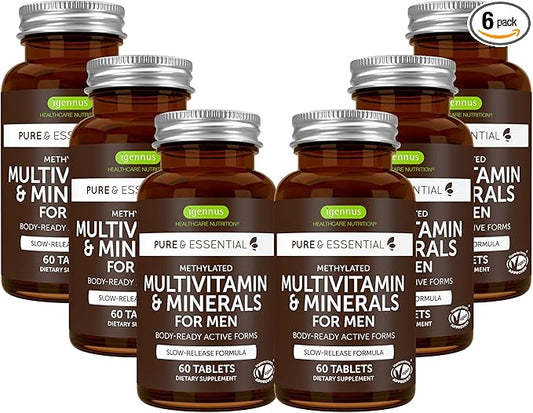 Igennus Methylated Men's Multivitamin, MTHFR Supplement with Active B-Vitamins, 21 Highly Bioavailable Nutrients, Multivitamin for Sustained Release, Clean Label, Non-GMO & Halal 180 Tablets x6
