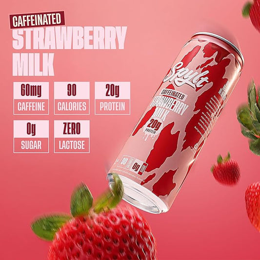 High Protein Strawberry Milk with 60mg Caffeine & 20g Protein - Ready to Drink, Sugar Free, Lactose Free Milk, Perfect for Workout Recovery & Afternoon Pick Me Up - 12 Count