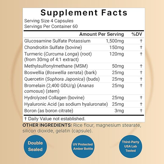 Advanced Glucosamine Chondroitin MSM Supplement, 240 Capsules | 10-in-1 Joint Support Complex – with Hyaluronic Acid, Collagen, Turmeric, Boswellia, & More – Non-GMO