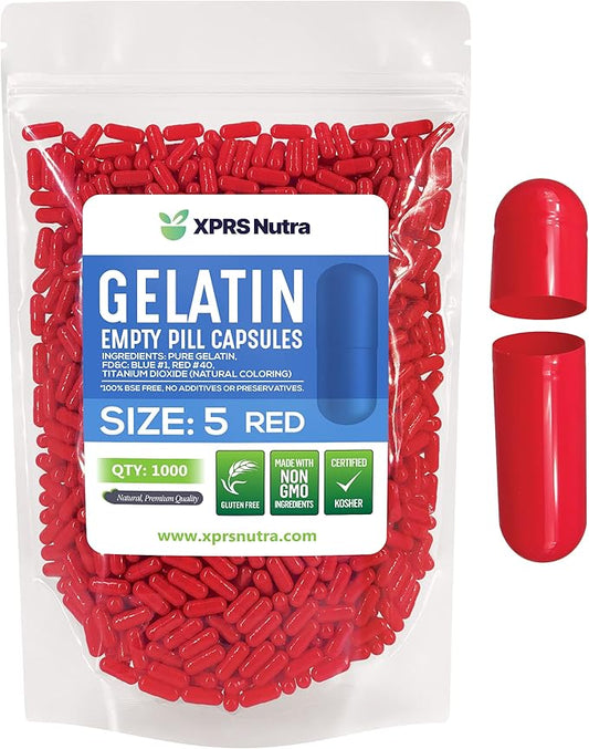 XPRS Nutra Size 5 Empty Capsules - 1000 Count Very Small Empty Gelatin Capsules - Empty Pill Capsules - DIY Capsule Filling - Fillable Pill Capsules Empty Gel Caps (Red)