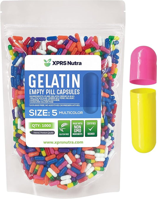 XPRS Nutra Size 5 Empty Capsules - 1000 Count Very Small Empty Gelatin Capsules - Empty Pill Capsules - DIY Capsule Filling - Fillable Pill Capsules Empty Gel Caps (Multi Color)