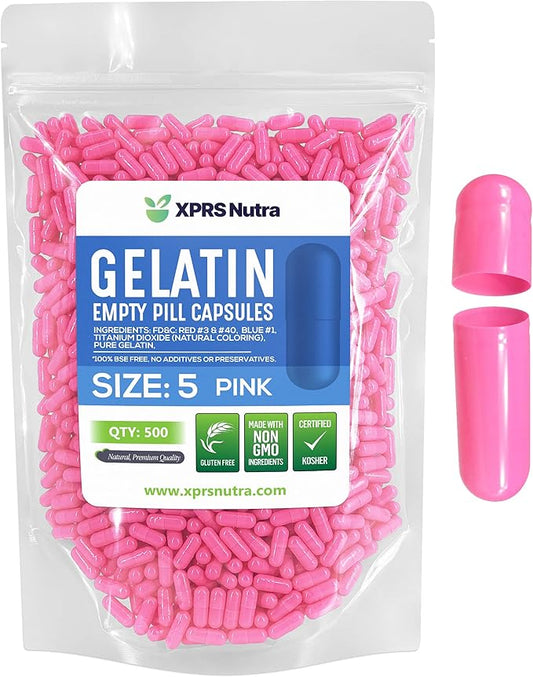 XPRS Nutra Size 5 Empty Capsules - 500 Count Very Small Empty Gelatin Capsules - Empty Pill Capsules - DIY Capsule Filling - Fillable Pill Capsules Empty Gel Caps (Pink)