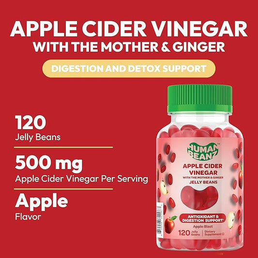 Apple Cider Vinegar Jelly Bean Gummies with The Mother and Ginger, Vegetarian Dietary Supplements for Men and Women, Digestive Health Support, 120 Apple Blast Jelly Beans, Kosher