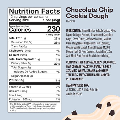 Perfect Keto Bars, Gluten Free Grass Fed Collagen + MCT Oil, Low Carb, No Sugar Added, High Protein Snacks, Keto Diet Foods, 11g Protein, 18g Fat, 3g Net Carbs, Chocolate Chip, 12 Bars