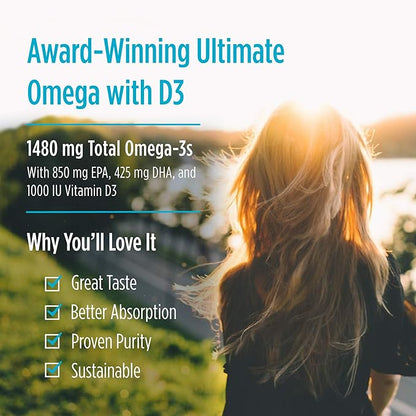 Nordic Naturals Ultimate Omega Xtra, Lemon Flavor 60 Soft 1480 mg Omega-3 + 1000 IU D3 - Omega-3 Fish 30 Servings
