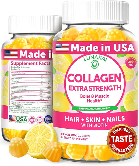 Lunakai Delicious US Made Collagen Gummies 200mg Non-GMO 60ct