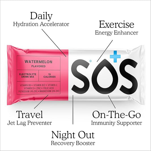 SOS Hydration Electrolyte Powder Drink Mix Packets | Daily Hydration & Energy | Added Essential Vitamins | Low Sugar | 8 Servings (Watermelon)