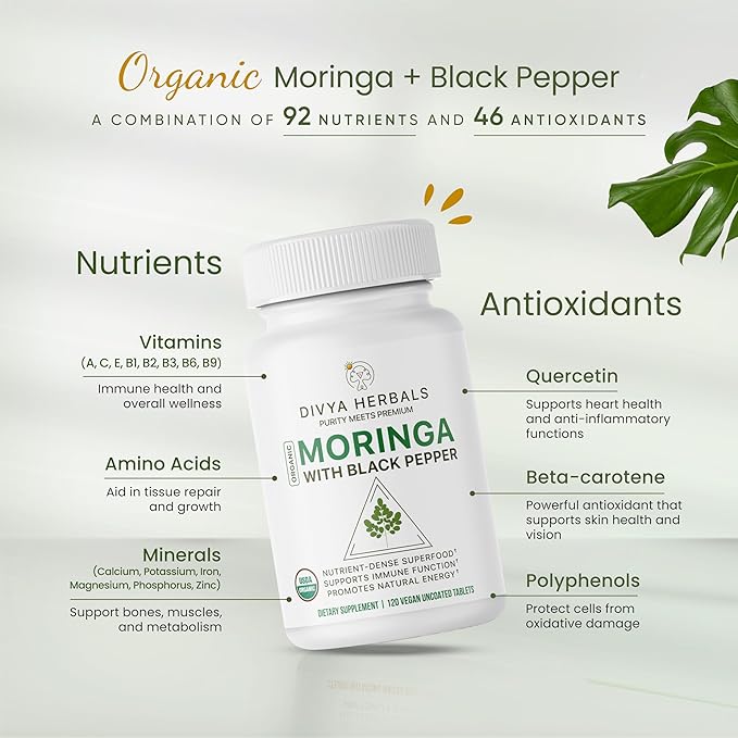 Organic Moringa Supplement (1480mg) with Black Pepper – 92 Nutrients & 46 Antioxidants – Natural Multivitamin for Energy, Immunity, Digestion & Detox – 120 Uncoated Vegan Tablets