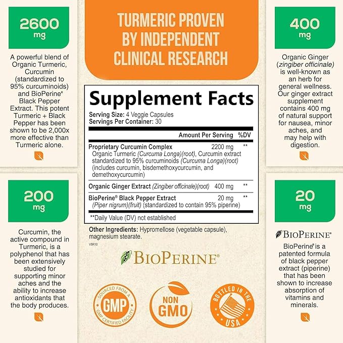 Turmeric Curcumin with BioPerine & Ginger 95% Curcuminoids 2600mg - 120 Capsules