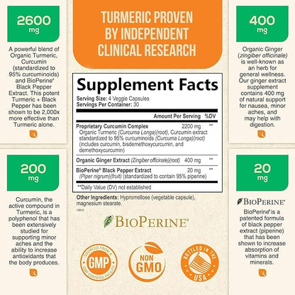 Turmeric Curcumin with BioPerine & Ginger 95% Curcuminoids 2600mg - 120 Capsules
