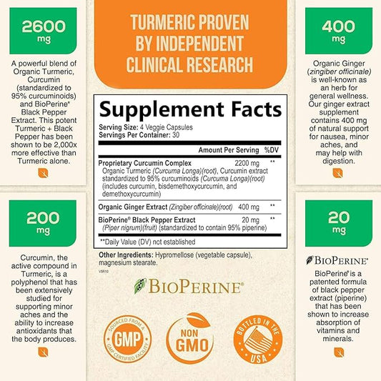Turmeric Curcumin with BioPerine & Ginger 95% Curcuminoids 2600mg - 120 Capsules