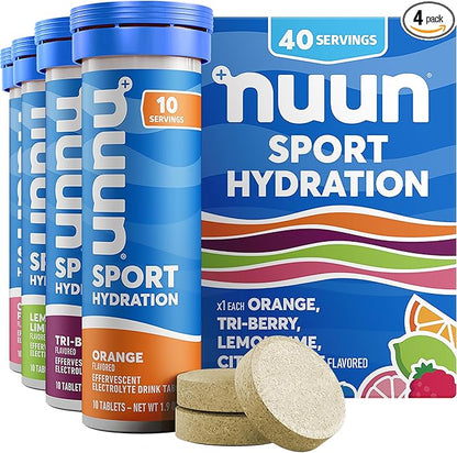 Nuun Sport Electrolyte Tablets - Dissolvable in Water, Mixed Citrus Berry Flavors, 5 Essential Electrolytes for Hydration, 1g Sugar Drink Mix, Vegan, Non-GMO, 4 Pack (40 Total Servings)