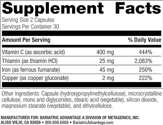 Bariatric Advantage Iron 45 mg with Vitamin C, Thiamin and Copper for Increased Absorption and Utilization, Easily Digestible for Gastric Bypass and Sleeve Gastrectomy Surgery Patients - 60 Count