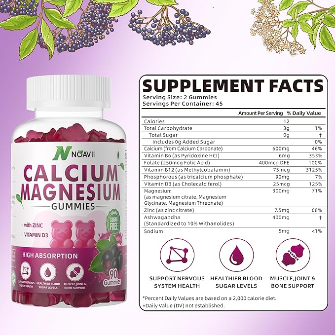 Calcium Magnesium Zinc Gummies with Vitamin D3, ashwagandha Flavor-90 Count