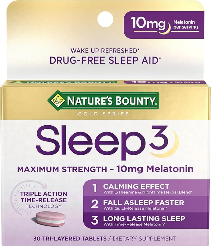 Nature's Bounty Melatonin, Sleep3 Maximum Strength 100% Drug 10mg, 30 30 Tri-Layered
