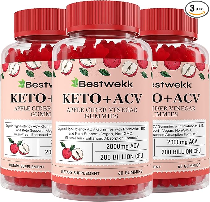 Apple Cider Vinegar Gummies, Max Strength 2000mg ACV Gummies with Probiotics, B12 and Keto, for Digestion, Metabolism, Gut & Immune Health, Gelatin-Free, Vegan & Non-GMO, 180 Gummies