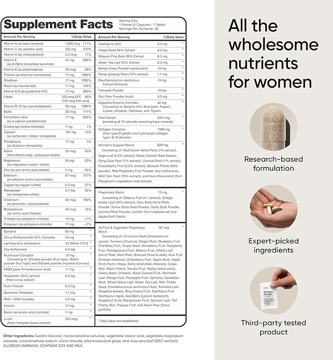 Multivitamin for Women, Full-Spectrum Supplement B12, A, 106 Nutrients 30 Day
