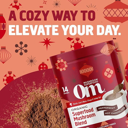 OM Mushroom Superfood Peppermint Hot Chocolate Superfood Mushroom Blend, 4.44 oz, 14 Servings, for Immune Health