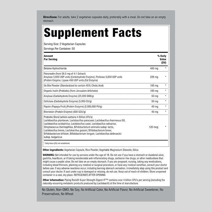 Piping Rock Digestive Enzymes with Probiotics 100 Capsules 14 Probiotic 4 Billion
