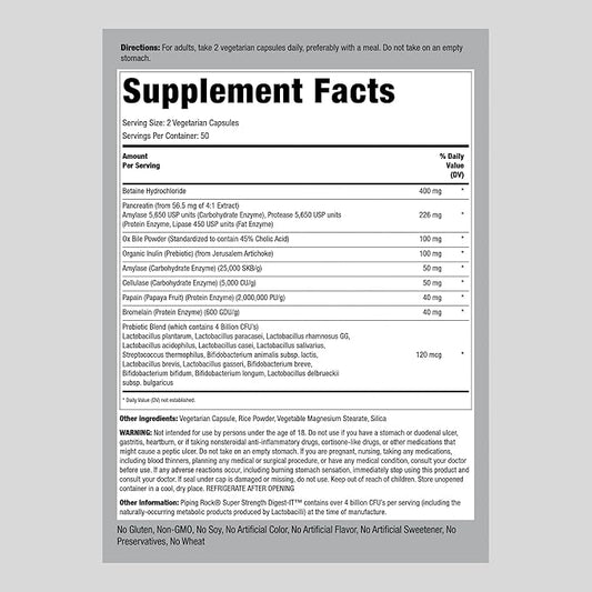 Piping Rock Digestive Enzymes with Probiotics 100 Capsules 14 Probiotic 4 Billion