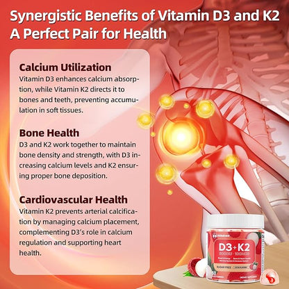 Vitamin D3 K2 Gummies w/Magnesium Sugar Free - 60 Count | D3 Vitamin 5,000 IU + K2(MK-7) 100 mcg - Vegan K2 D3 Vitamin Supplement, Highly Absorbent Supports Bone, Muscle, Mood & Immune(Lychee Flavor)