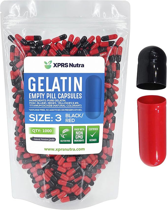 XPRS Nutra Size 3 Empty Capsules - 1000 Count Empty Gelatin Capsules - Empty Pill Capsules - DIY Capsule Filling - Pure Bovine Pill Capsules Empty Gel Caps (Black/Red)
