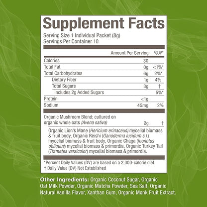 OM MUSHROOM SUPERFOOD Matcha Latte Blend Mushroom Powder, Single Serve, 10 Count, Green Tea, Lion's Mane, Reishi, Chaga, Turkey Tail, Focus & Stress Support Supplement