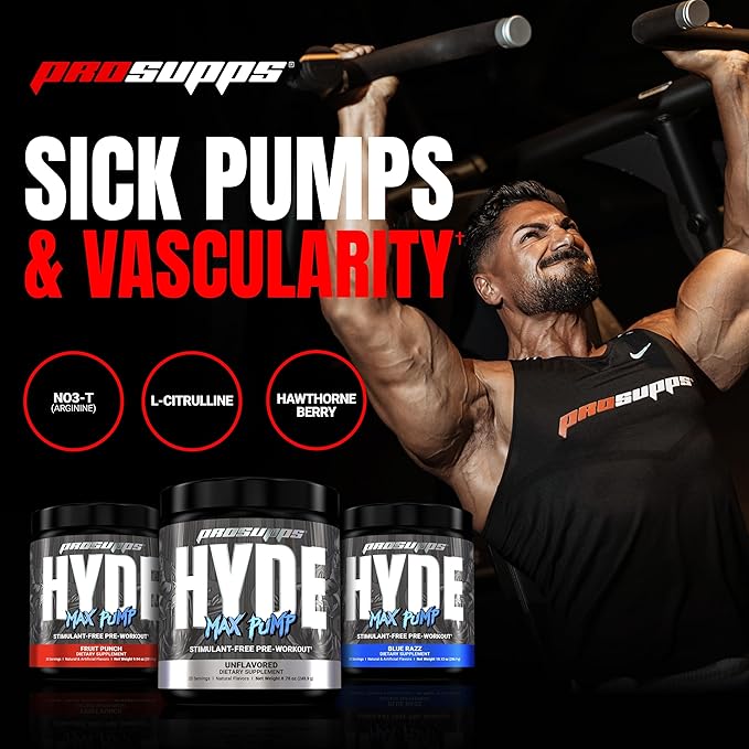 PROSUPPS Hyde Max Pump Pre Workout for Men and Women - Nitric Oxide Supplement for Pump and Endurance - Stimulant Free Pre Workout to Promote Blood Flow and Muscle Strength (Blue Razz, 20 Servings)