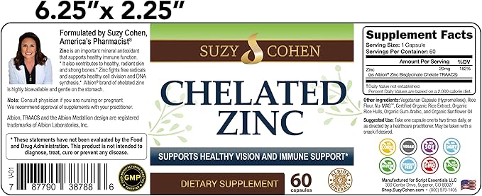 Suzy Cohen Chelated Zinc Supplements 60 Capsules