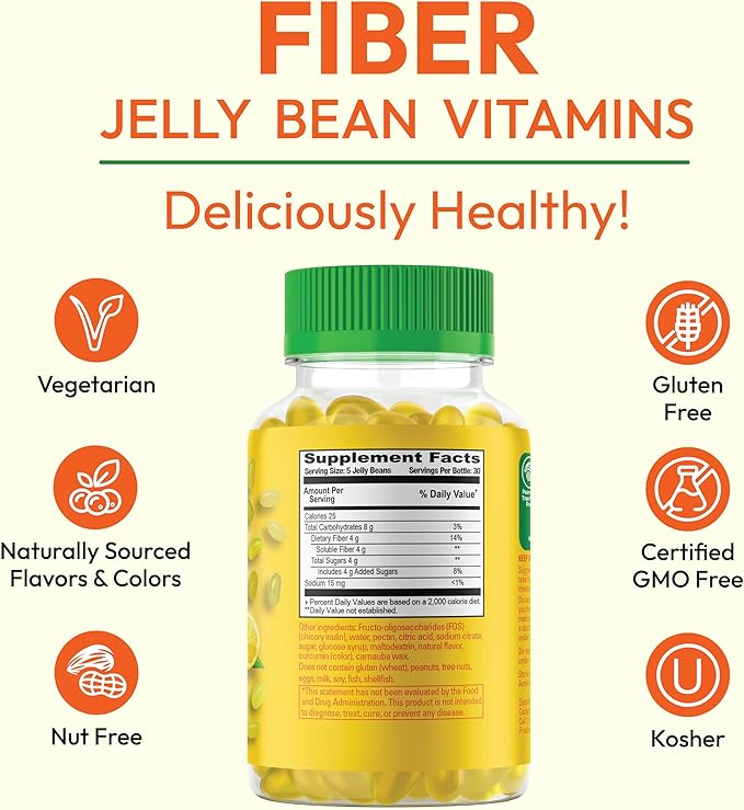 Fiber Jelly Bean Gummies for Adults, Fiber Supplement for Digestive Health, Vegetarian Fiber Gummy, 150 Jellybeans