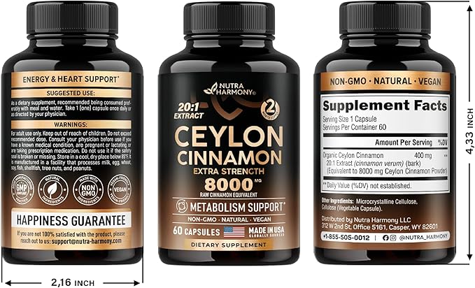 Ceylon Cinnamon Capsules 8000 mg, 20:1 Supplement 60 Vegan 2 Month