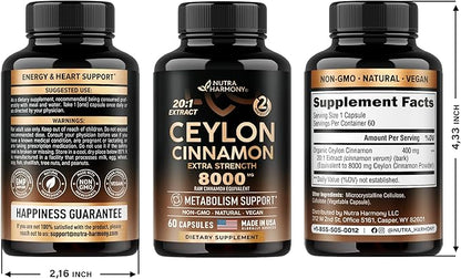 Ceylon Cinnamon Capsules 8000 mg, 20:1 Supplement 60 Vegan 2 Month