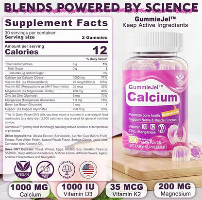 Sugar-Free Calcium Citrate Gummies 1000mg w/Vitamin D3 K2, K2, Magnesium, 60 Count